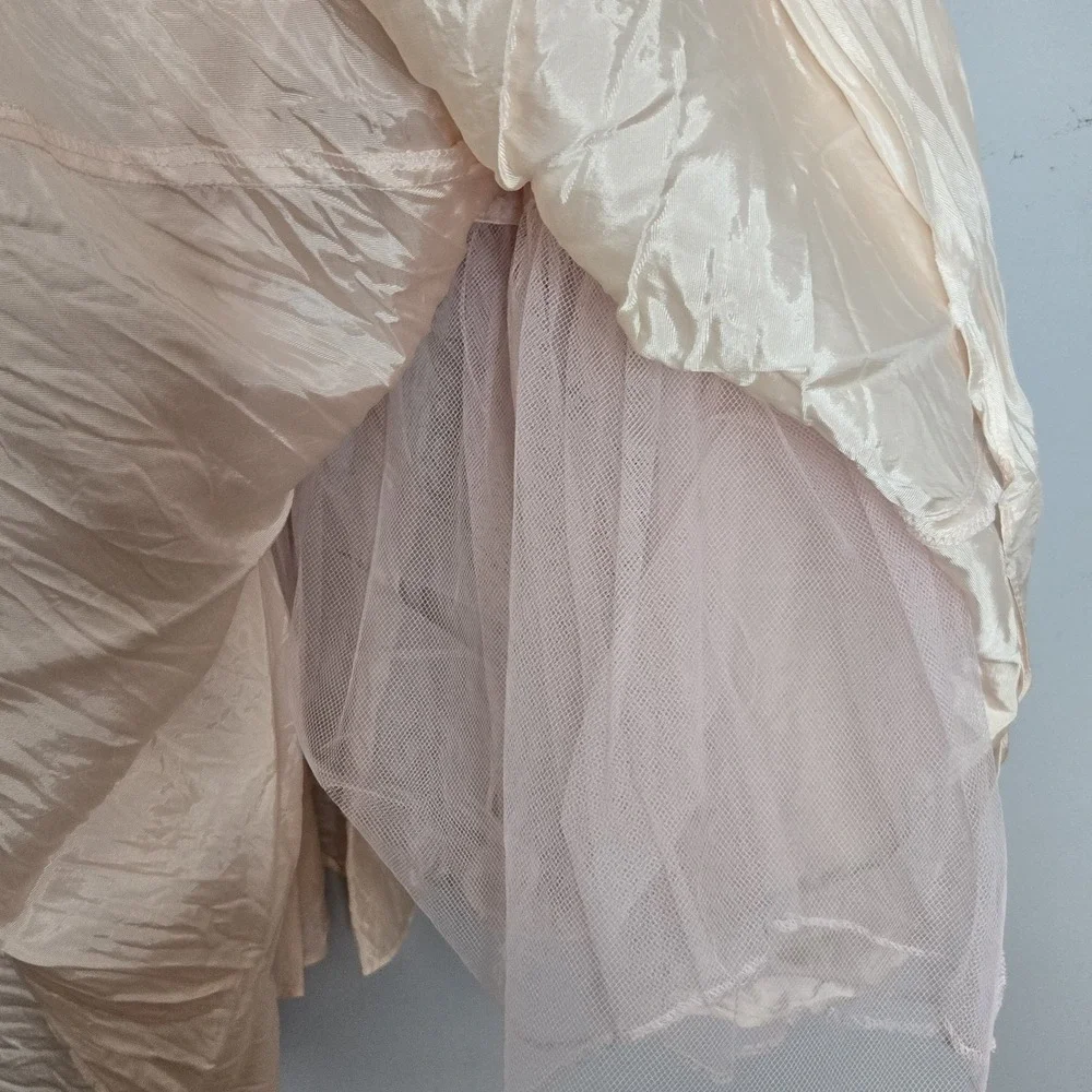 Vtg 80s Mayvens of California Iridescent Peach Pink Lace Puff Sleeve Prom Dress - Picture 12 of 14